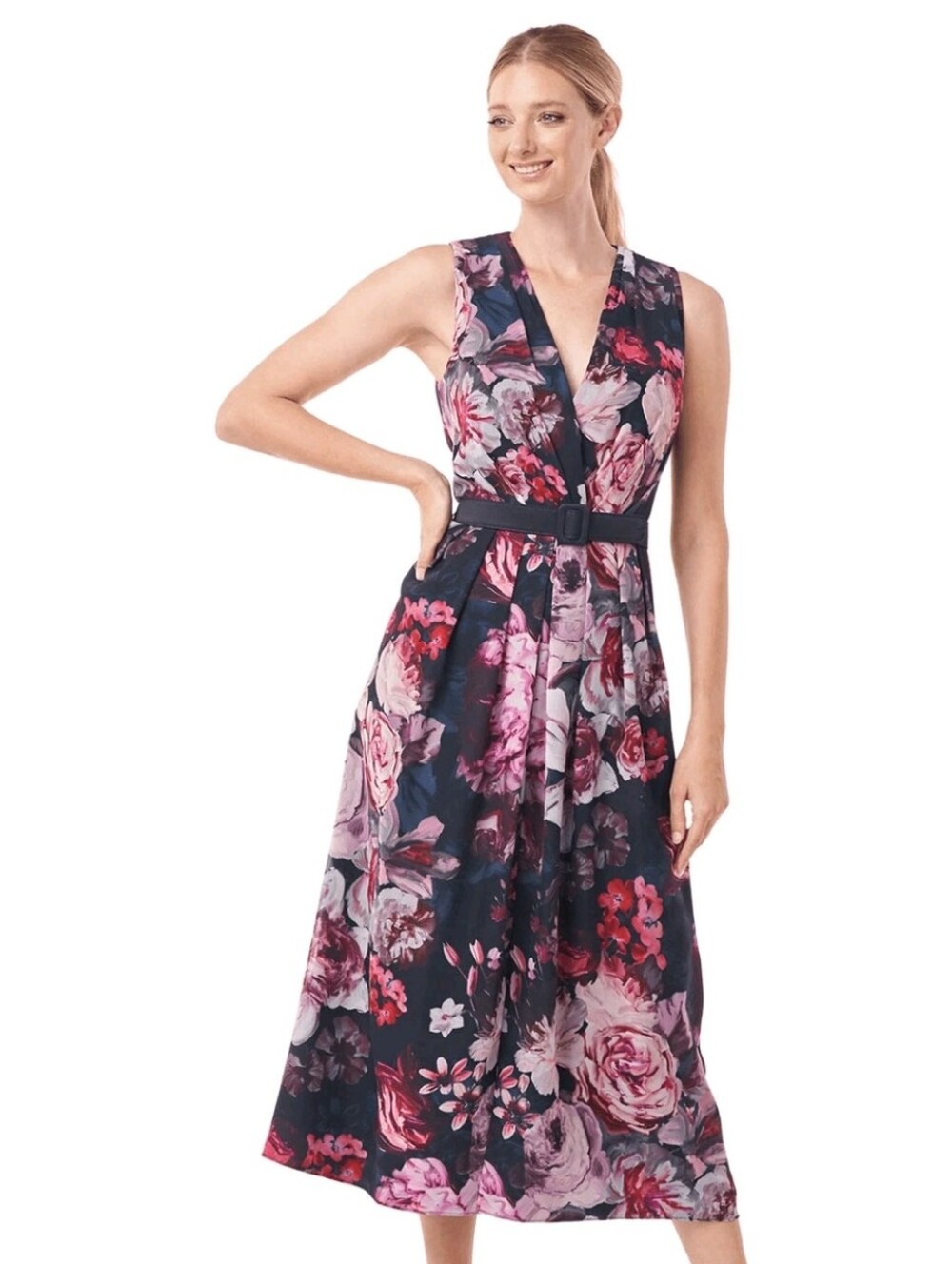 Kay Unger Size 4 NWOT Floral Midi Dress Belted Sleeveless Fit & Flare